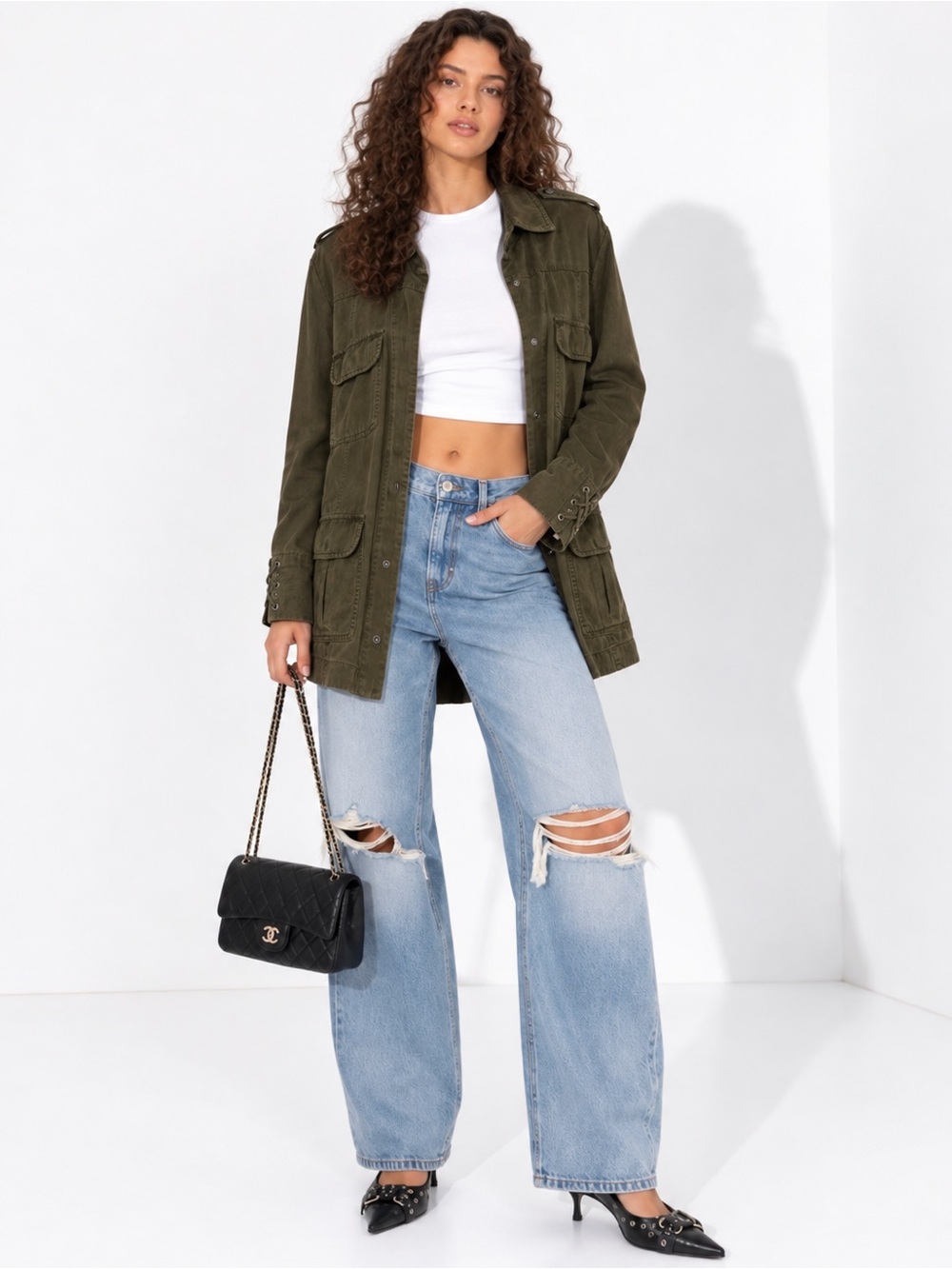 Khaki Willow & Clay Olive Green Tencel Linen Utility Military Shacket Jacket L